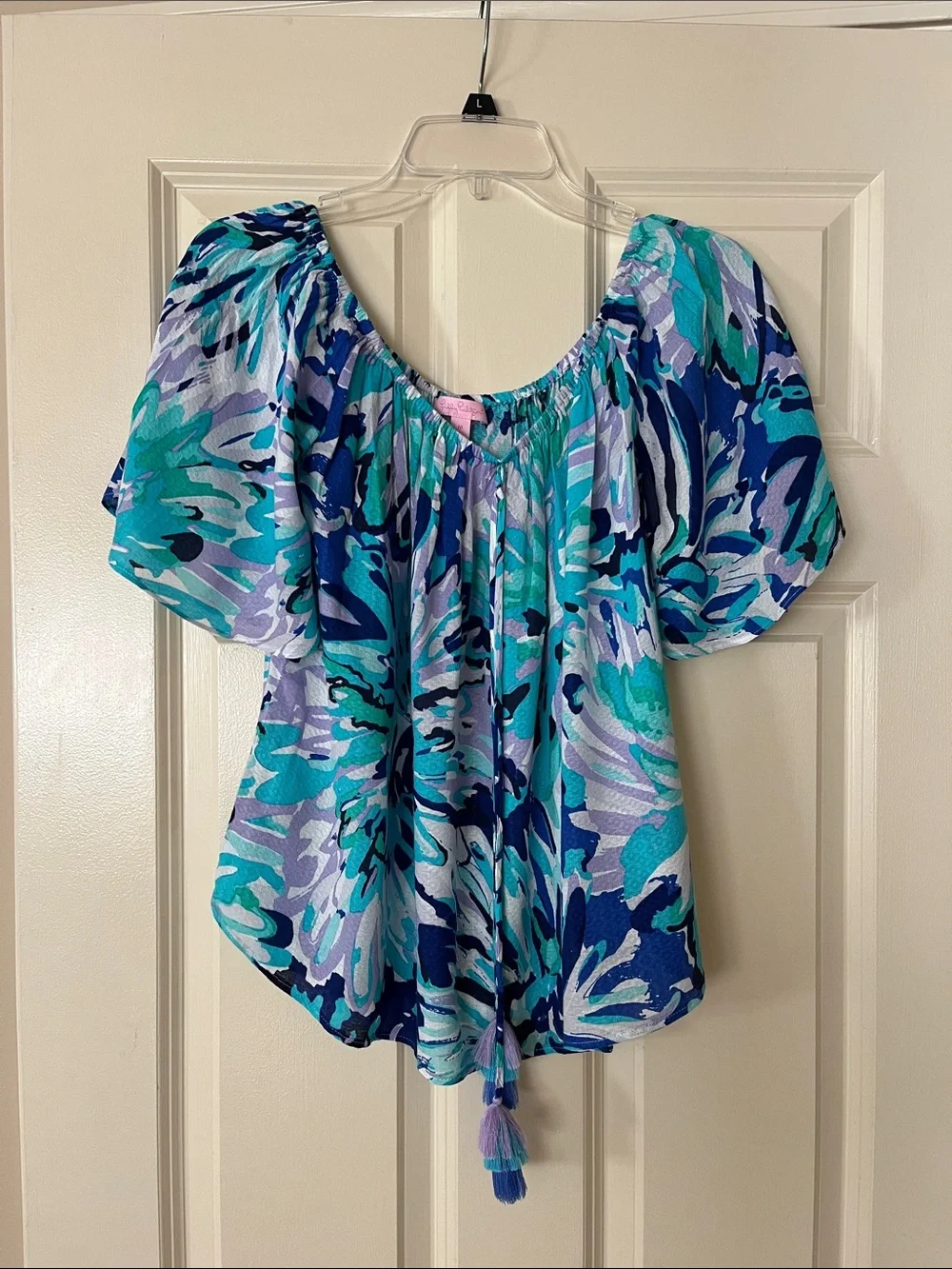 Lilly Pulitzer Aqua, Teal & Navy Floral Peasant Blouse